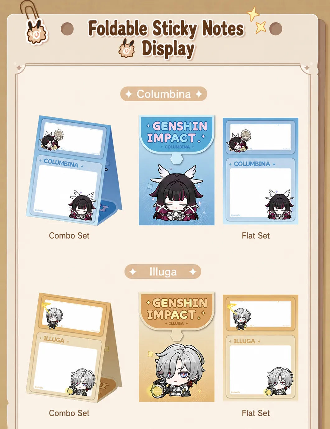 Foldable sticky notes featuring Columbina and Illuga themed memo pad designs