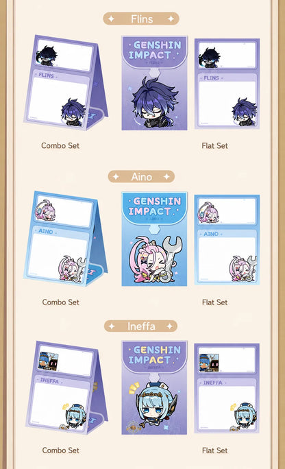 Genshin foldable sticky notes featuring Flins Aino and Ineffa character styles