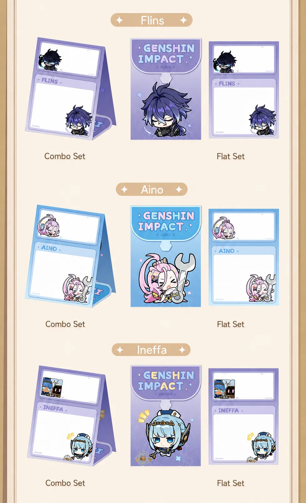 Genshin foldable sticky notes featuring Flins Aino and Ineffa character styles