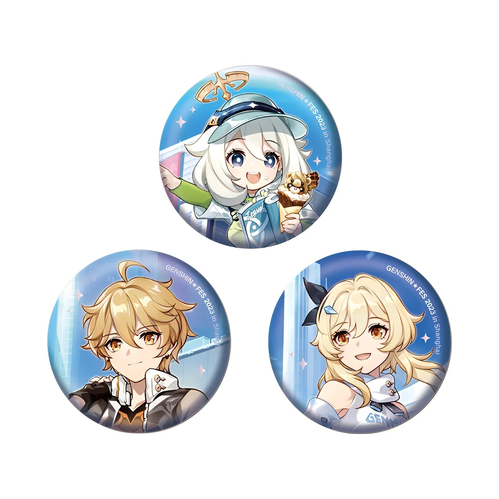 Genshin Impact Reunion Series badge collection featuring Paimon Lumine and Aether round pin designs