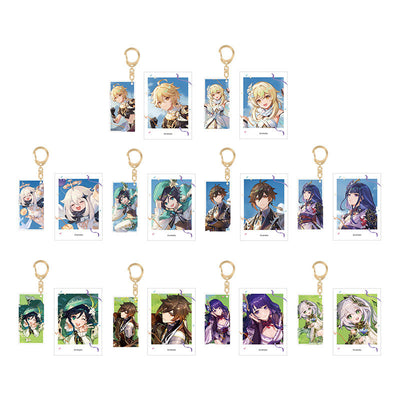 Genshin Impact Reunion Series keychain and photo set collection featuring Venti Zhongli Raiden Shogun Aether Lumine Paimon Nahida