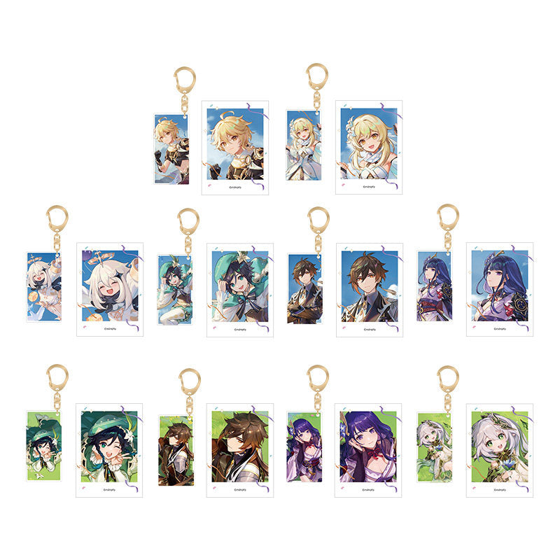 Genshin Impact Reunion Series keychain and photo set collection featuring Venti Zhongli Raiden Shogun Aether Lumine Paimon Nahida