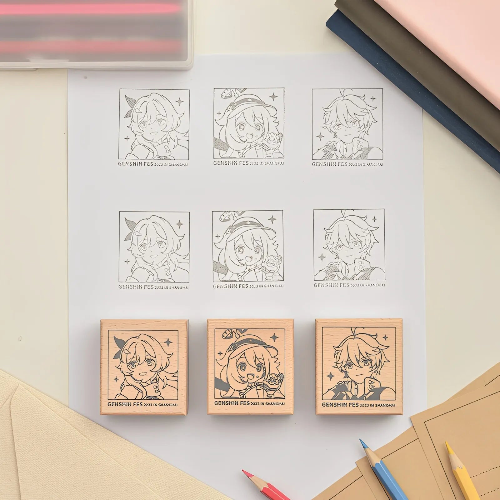 Genshin Impact Reunion Series stamp set collection featuring character designs for journaling and creative use