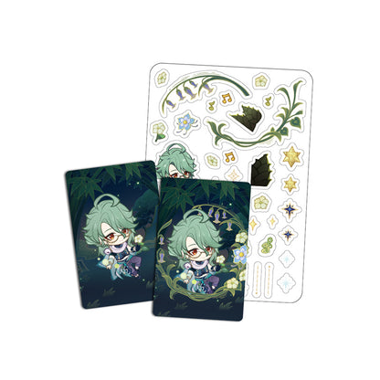 Genshin Impact Starlight Messages card set featuring Baizhu chibi design with cards and stickers