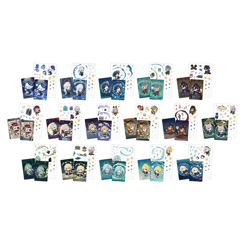 Genshin Impact Starlight Messages card set featuring multiple chibi characters with cards stickers and sleeve set