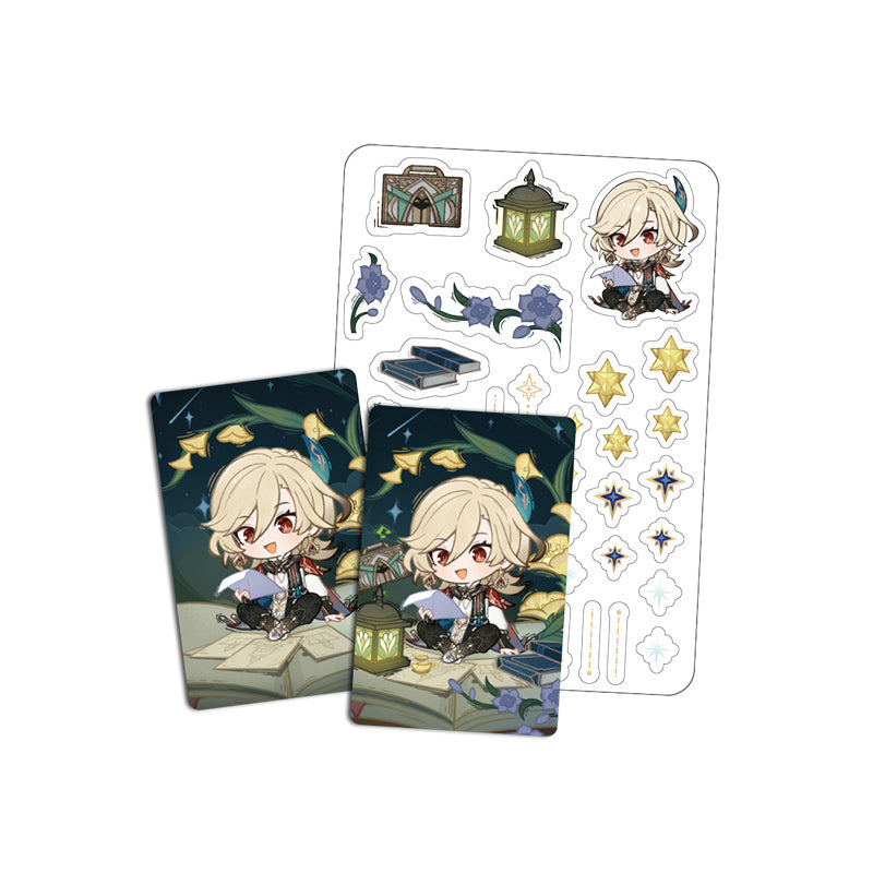 Genshin Impact Starlight Messages card set featuring Kaveh chibi design with cards and stickers