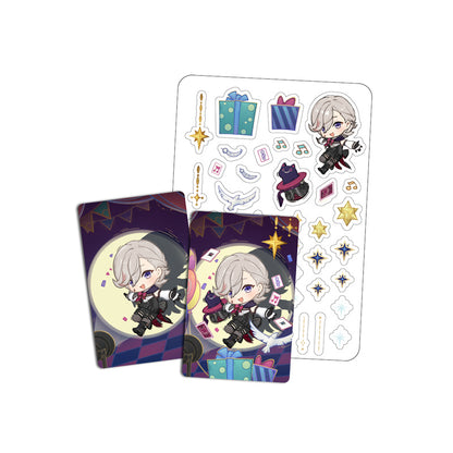 Genshin Impact Starlight Messages card set featuring Lyney chibi design with cards and stickers