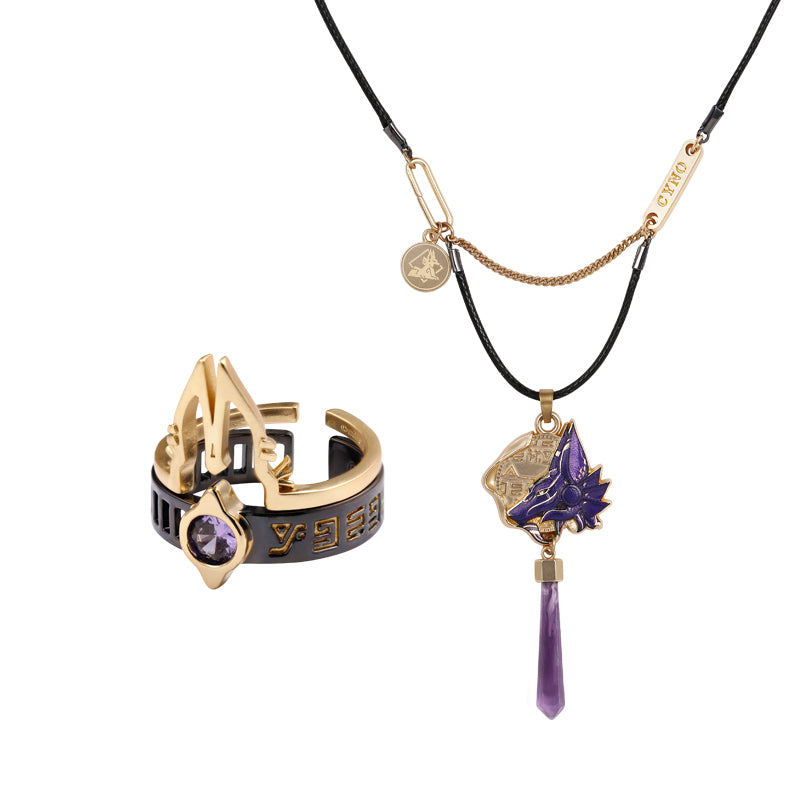 Genshin Impact Cyno necklace and ring set Sumeru Impressions series white background full product collection view
