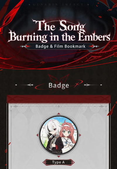 Close-up detail of Genshin The Song Burning in the Embers character badges featuring Arlecchino and Clervie