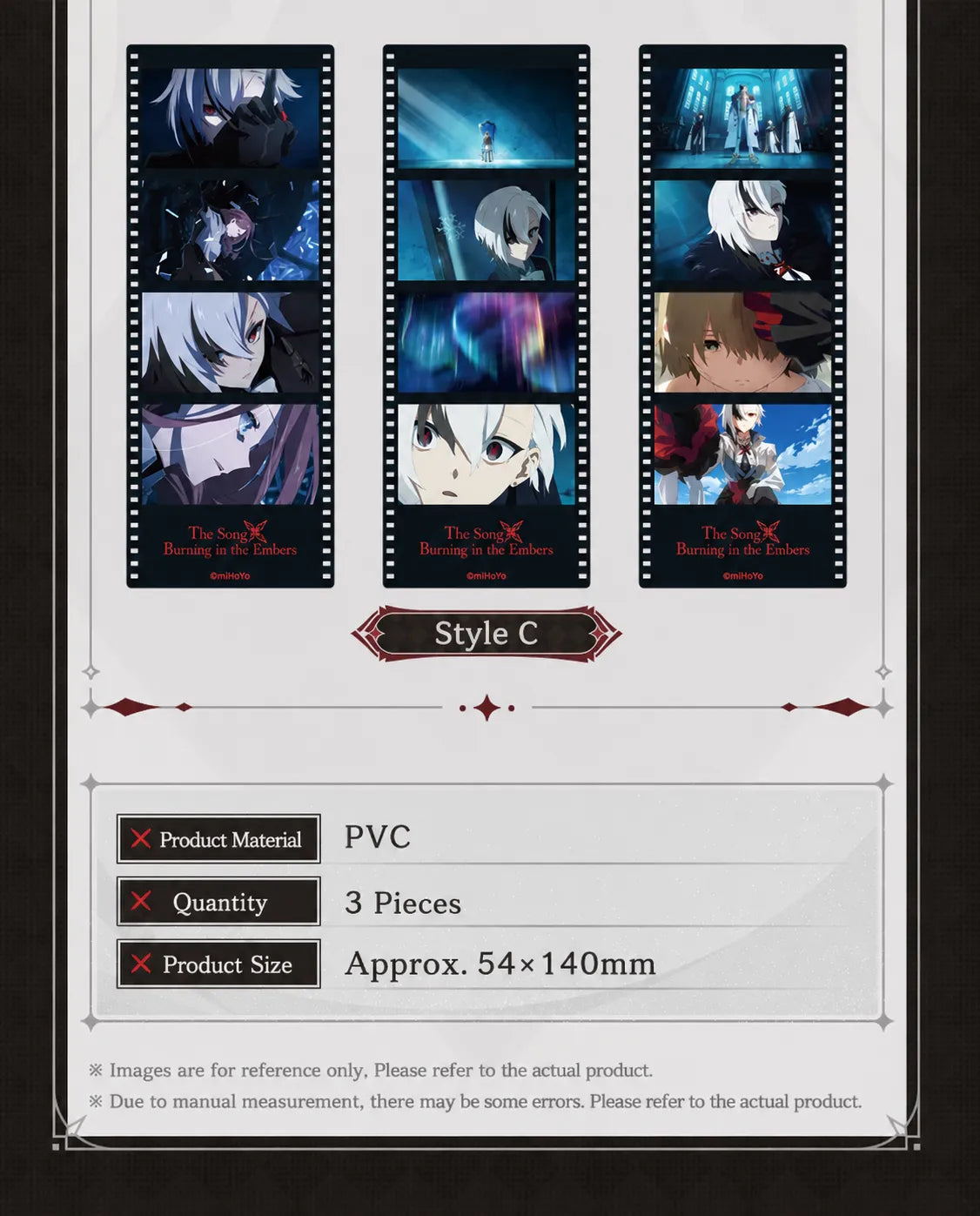 Genshin  The Song Burning in the Embers merchandise collection including badges and film bookmarks themed around Arlecchino and Clervie