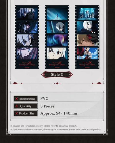 Genshin  The Song Burning in the Embers merchandise collection including badges and film bookmarks themed around Arlecchino and Clervie