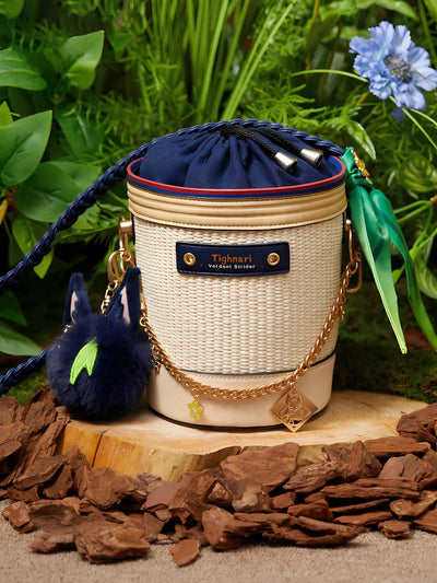 Genshin Impact Tighnari basket bag angled view showing woven texture and gold chain