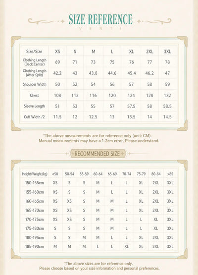 Venti long sleeve shirt size chart XS to 3XL reference
