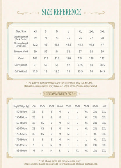 Venti long sleeve shirt size chart XS to 3XL reference