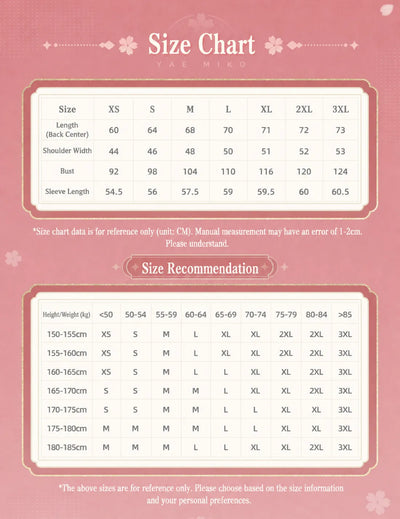 genshin yae miko long sleeve t-shirt size chart measurements guide
