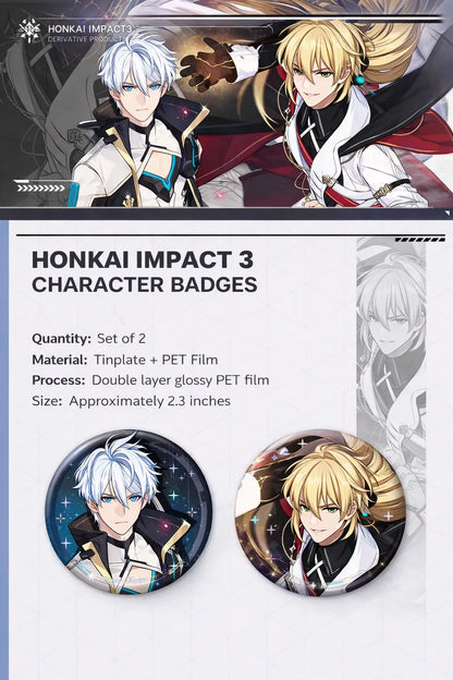 Honkai Impact 3 Kevin and Otto character laser badge product details showing tinplate material glossy PET process and packaging