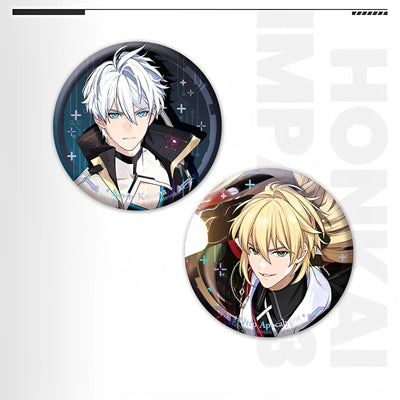 Honkai Impact 3 Kevin and Otto character laser badge set featuring tinplate badges with holographic PET finish collectible anime merchandise