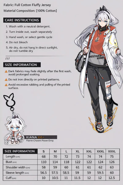 Honkai Impact 3 Kiana Flame-Chasers hoodie size chart measurements S M L XL XXL XXXL