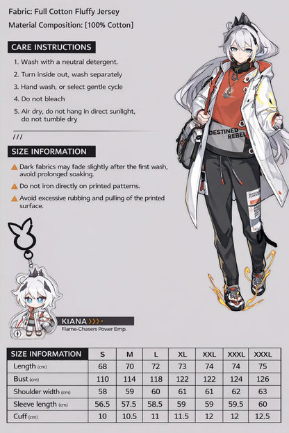 Honkai Impact 3 Kiana Flame-Chasers hoodie size chart measurements S M L XL XXL XXXL