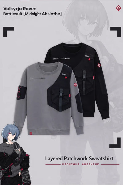 Design overview of Honkai Impact 3 Midnight Absinthe Natasha layered patchwork sweatshirt