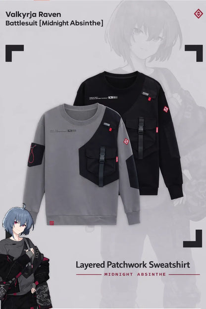 Design overview of Honkai Impact 3 Midnight Absinthe Natasha layered patchwork sweatshirt