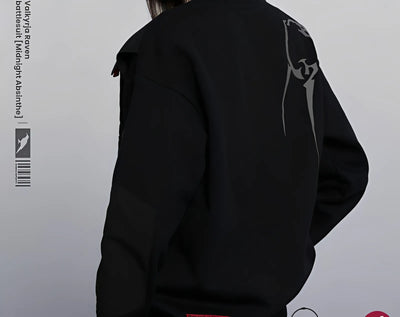 Front view of Honkai Impact 3 Natasha Midnight Absinthe patchwork sweatshirt layered design