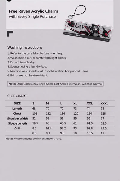 Size chart for Honkai Impact 3 Midnight Absinthe Natasha patchwork sweatshirt