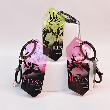 Honkai Impact 3 Serpent Imprint acrylic keychain set featuring Elysia, Natasha and Mobius character designs
