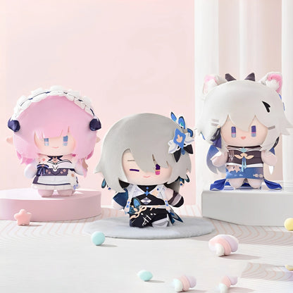 Chibi plush dolls featuring Kiana Kaslana, Fu Hua, Vita, Elysia, and Kevin Kaslana from Honkai Impact 3rd
