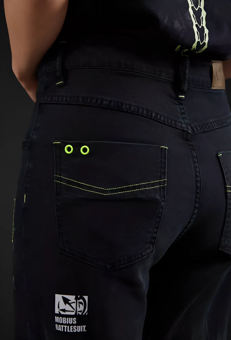 Mobius Infinite Ouroboros denim pants logo detail Honkai Impact 3rd streetwear design