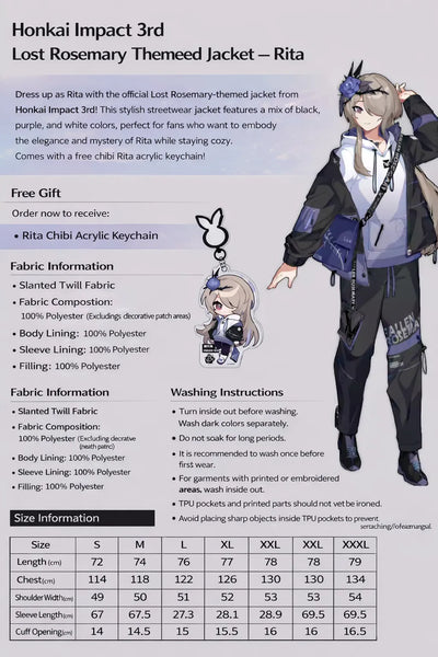 Size chart for Honkai Impact 3rd Rita Fallen Rosemary themed jacket