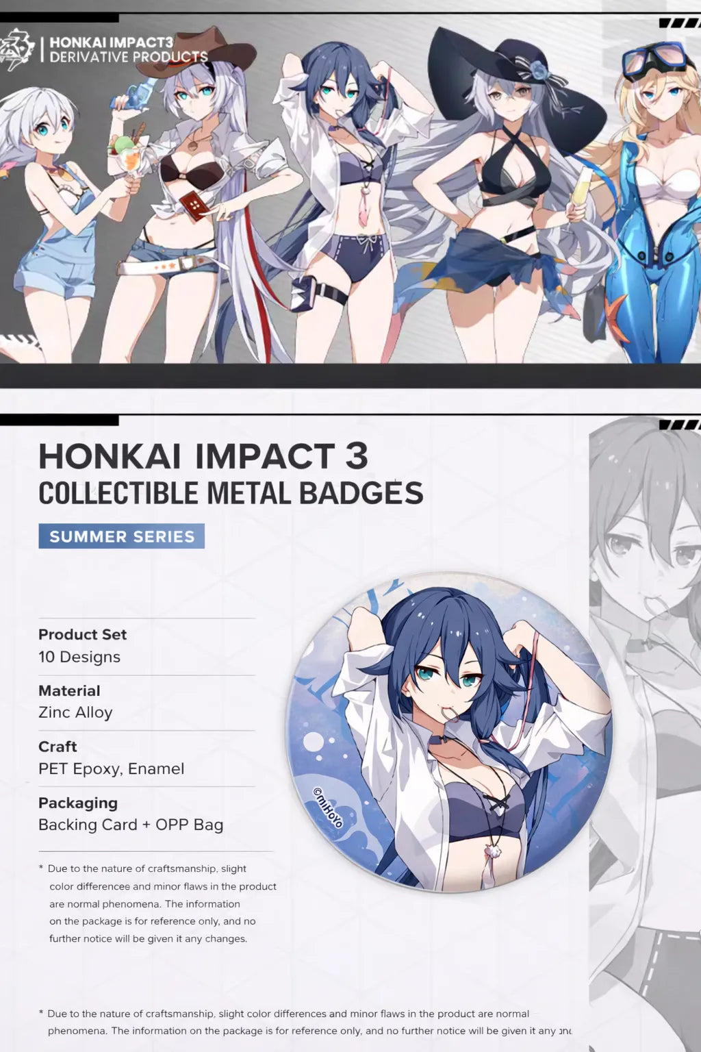 Honkai Impact 3rd Summer Series tinplate badge product details PET printing white backing anime collectible metal badge