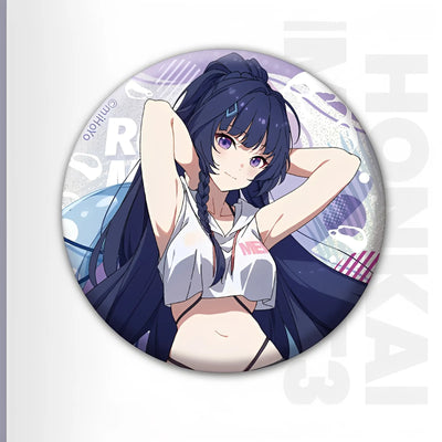 Honkai Impact 3rd Summer Series tinplate badge featuring Raiden Mei character artwork collectible anime metal badge