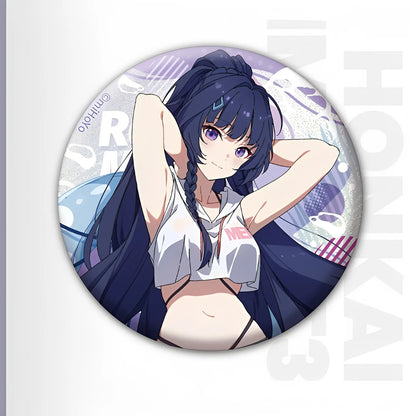 Honkai Impact 3rd Summer Series tinplate badge featuring Raiden Mei character artwork collectible anime metal badge