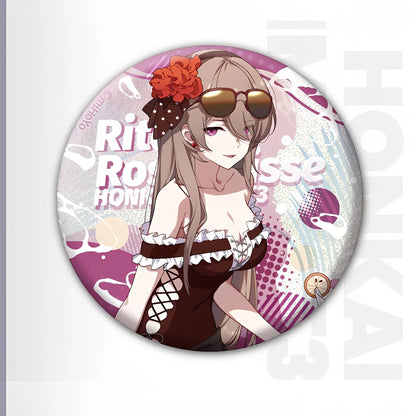 Honkai Impact 3rd Summer Series tinplate badge featuring Rita Rossweisse character artwork collectible anime metal badge
