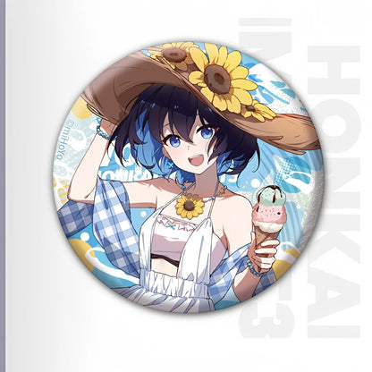 Honkai Impact 3rd Summer Series tinplate badge featuring Seele Vollerei character artwork collectible anime metal badge
