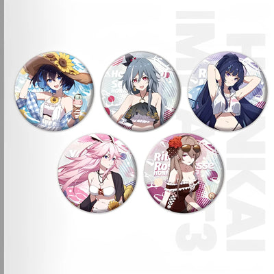 Honkai Impact 3rd Summer Series tinplate badges group featuring Herrscher of Sentience Yae Sakura Seele Vollerei Raiden Mei Rita Rossweisse Kiana Kaslana Bronya Zaychik Theresa Apocalypse Fu Hua and Durandal