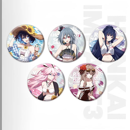 Honkai Impact 3rd Summer Series tinplate badges group featuring Herrscher of Sentience Yae Sakura Seele Vollerei Raiden Mei Rita Rossweisse Kiana Kaslana Bronya Zaychik Theresa Apocalypse Fu Hua and Durandal