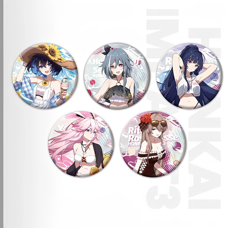 Honkai Impact 3rd Summer Series tinplate badges group featuring Herrscher of Sentience Yae Sakura Seele Vollerei Raiden Mei Rita Rossweisse Kiana Kaslana Bronya Zaychik Theresa Apocalypse Fu Hua and Durandal