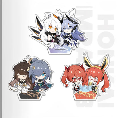 Honkai Impact 3rd Weapon Doll Series acrylic keychain collection featuring Book of Fuxi, Herrscher of the Void with Bella, and Tesla with Tesla Zero