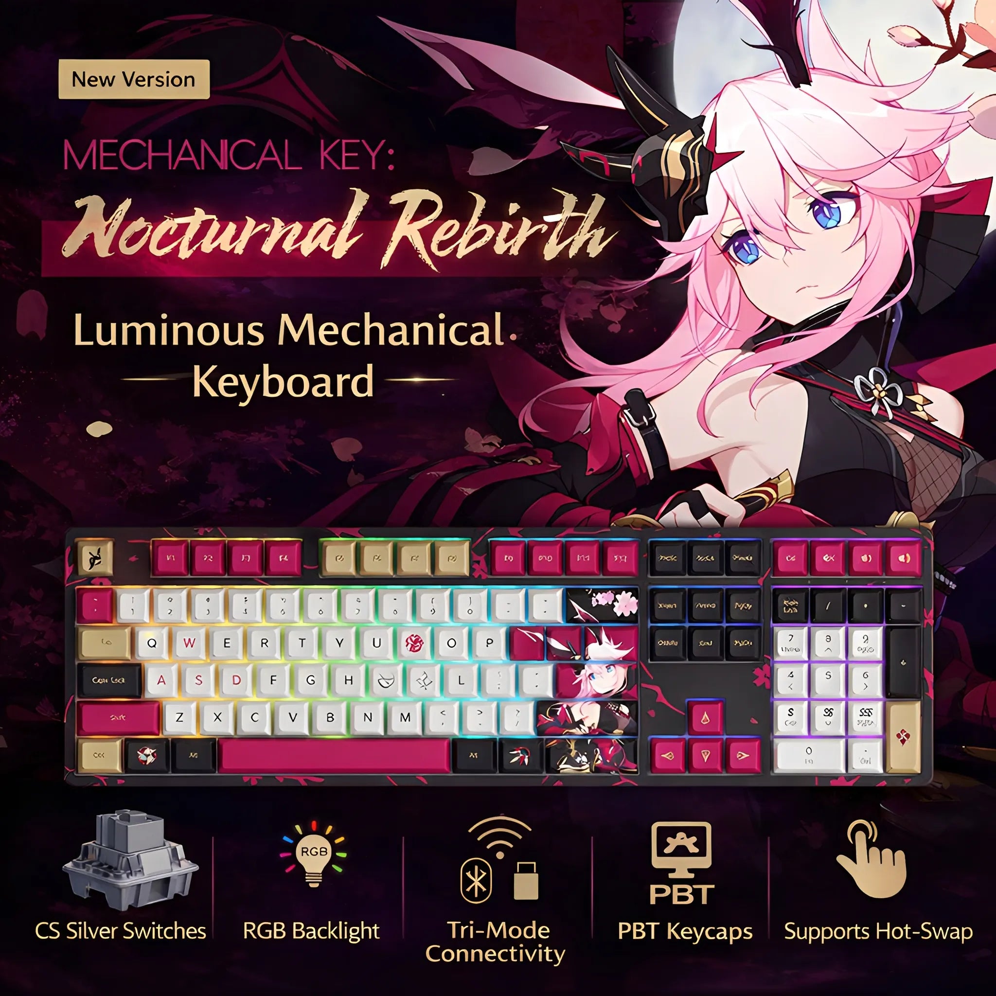 Honkai Impact 3rd Yae Sakura Night Sakura Mechanical Keyboard Tri-Mode ...