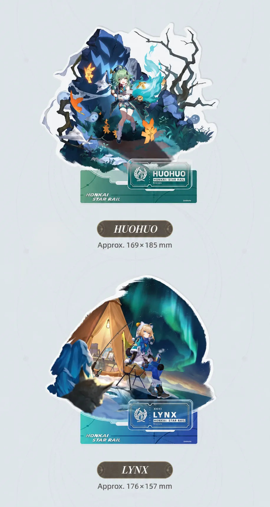 Huohuo and Lynx Abundance acrylic standees with themed display bases