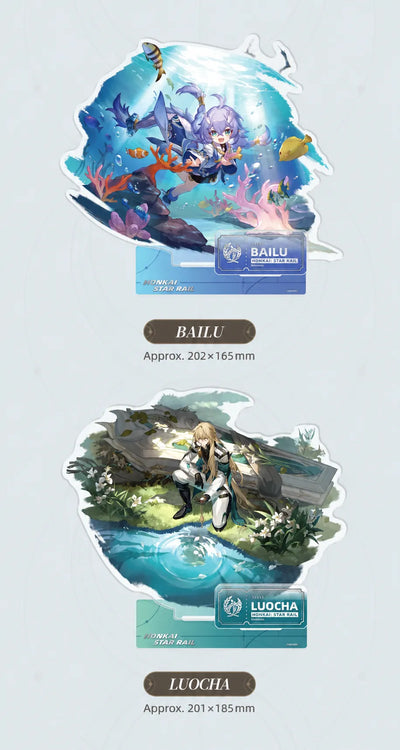 Bailu and Luocha Abundance acrylic standees with themed display bases