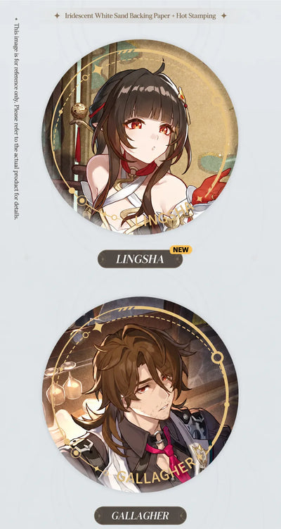 Lingsha and Gallagher Abundance tinplate badges with gold details