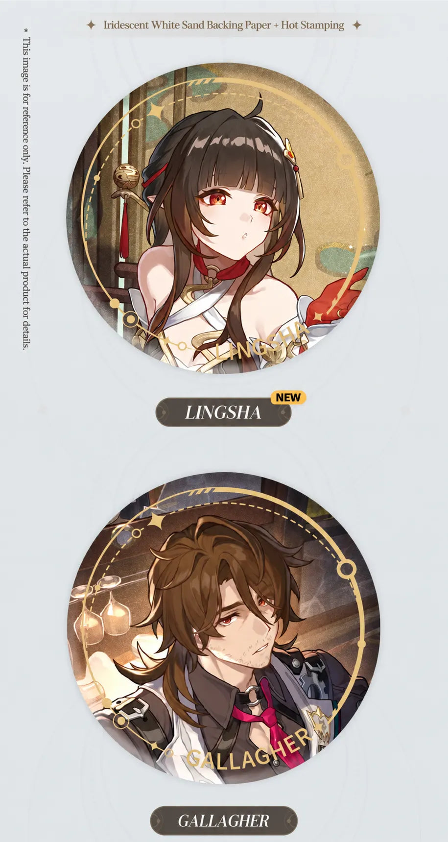 Lingsha and Gallagher Abundance tinplate badges with gold details