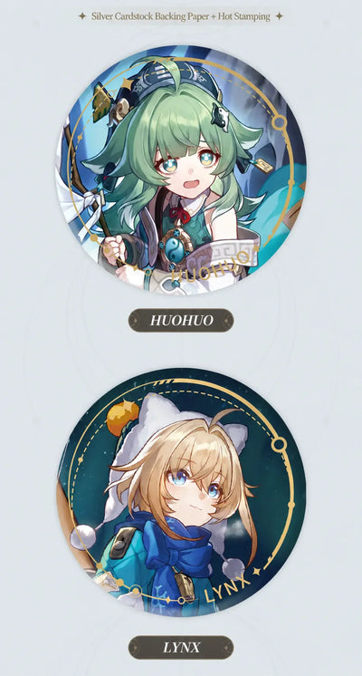 Huohuo and Lynx Abundance tinplate badges with gold details