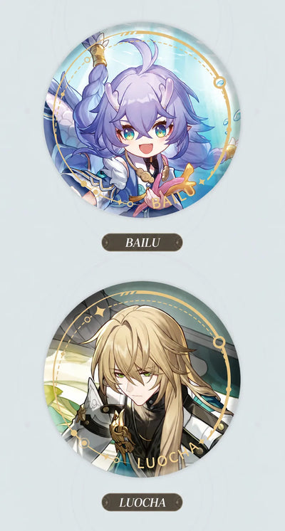 Bailu and Luocha Abundance tinplate badges with gold details