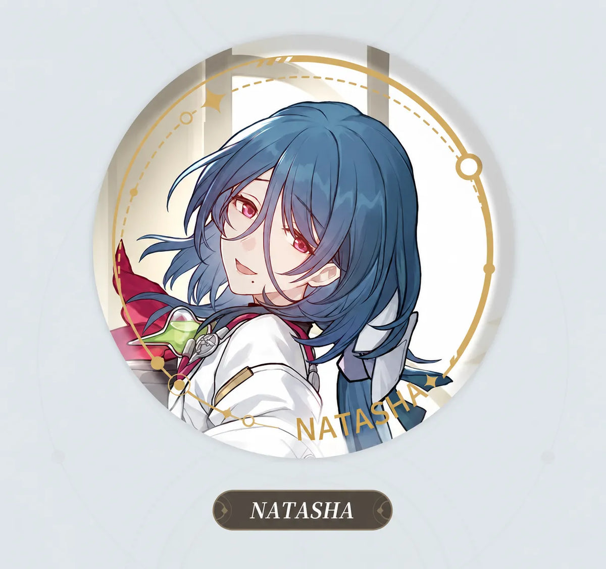 Natasha Abundance tinplate badge with gold decorative details