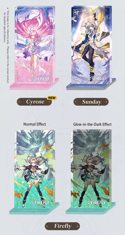 Cyrene, Sunday, and Firefly acrylic standees with Firefly glow-in-the-dark effect