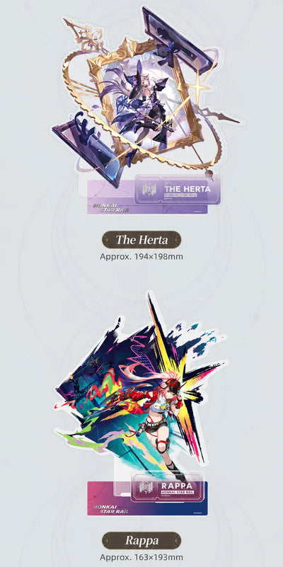 The Herta and Rappa Erudition Acrylic Standees with character display bases